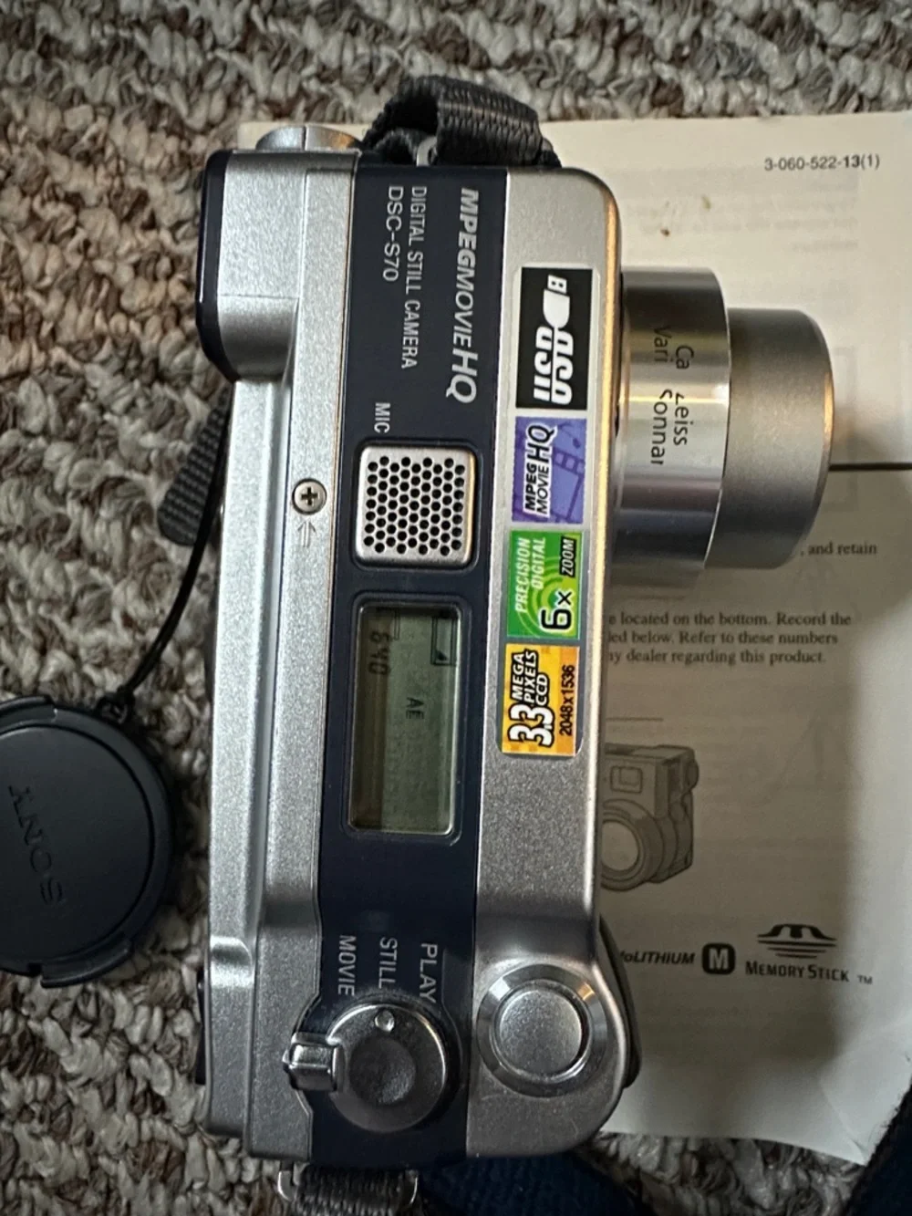 Sony Silver Point-and-Shoot Cyber-shot DSC-S70 Camera with Blue Neck Strap